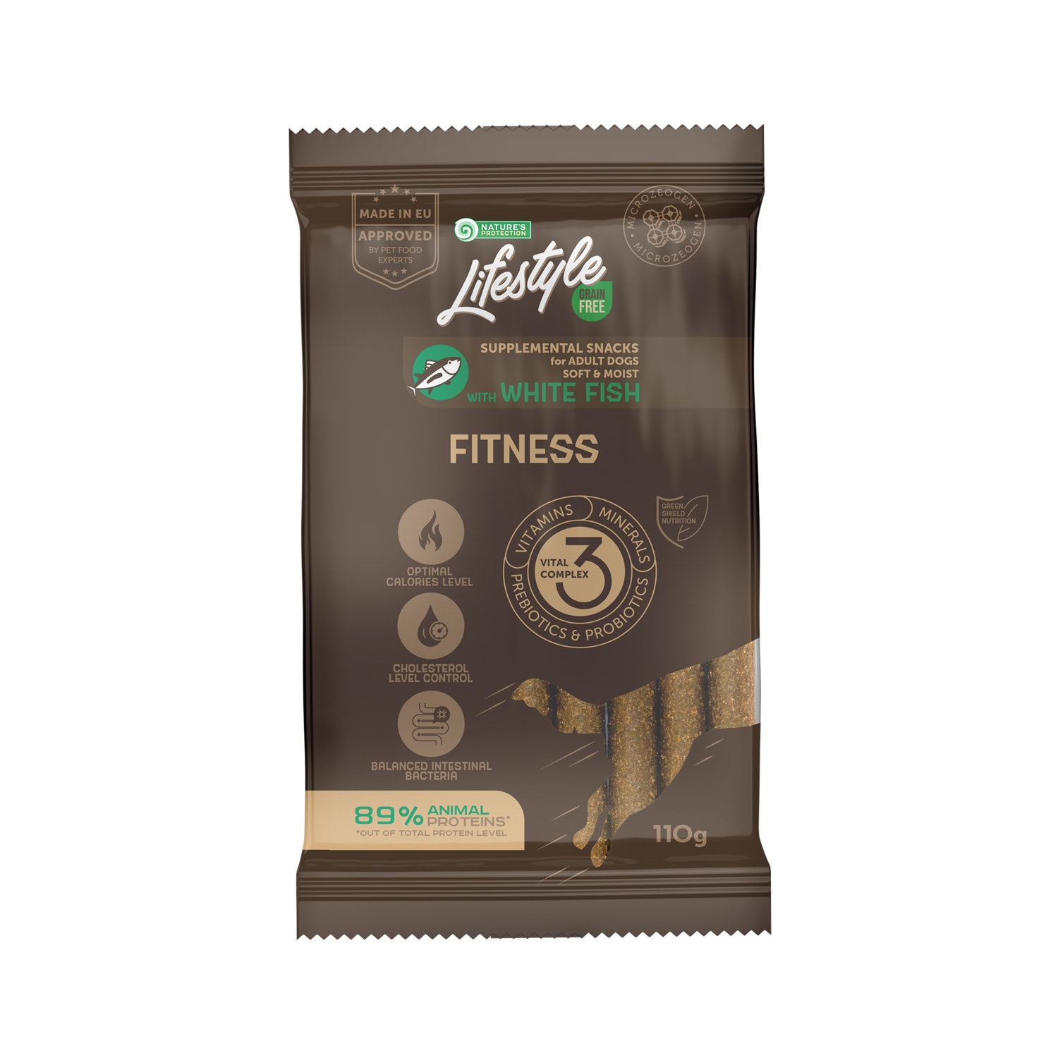 Natures Protection Лакомства с белой рыбой для активных взрос. собак всех пород Lifestyle Grain Free White fish Fitness, 110г