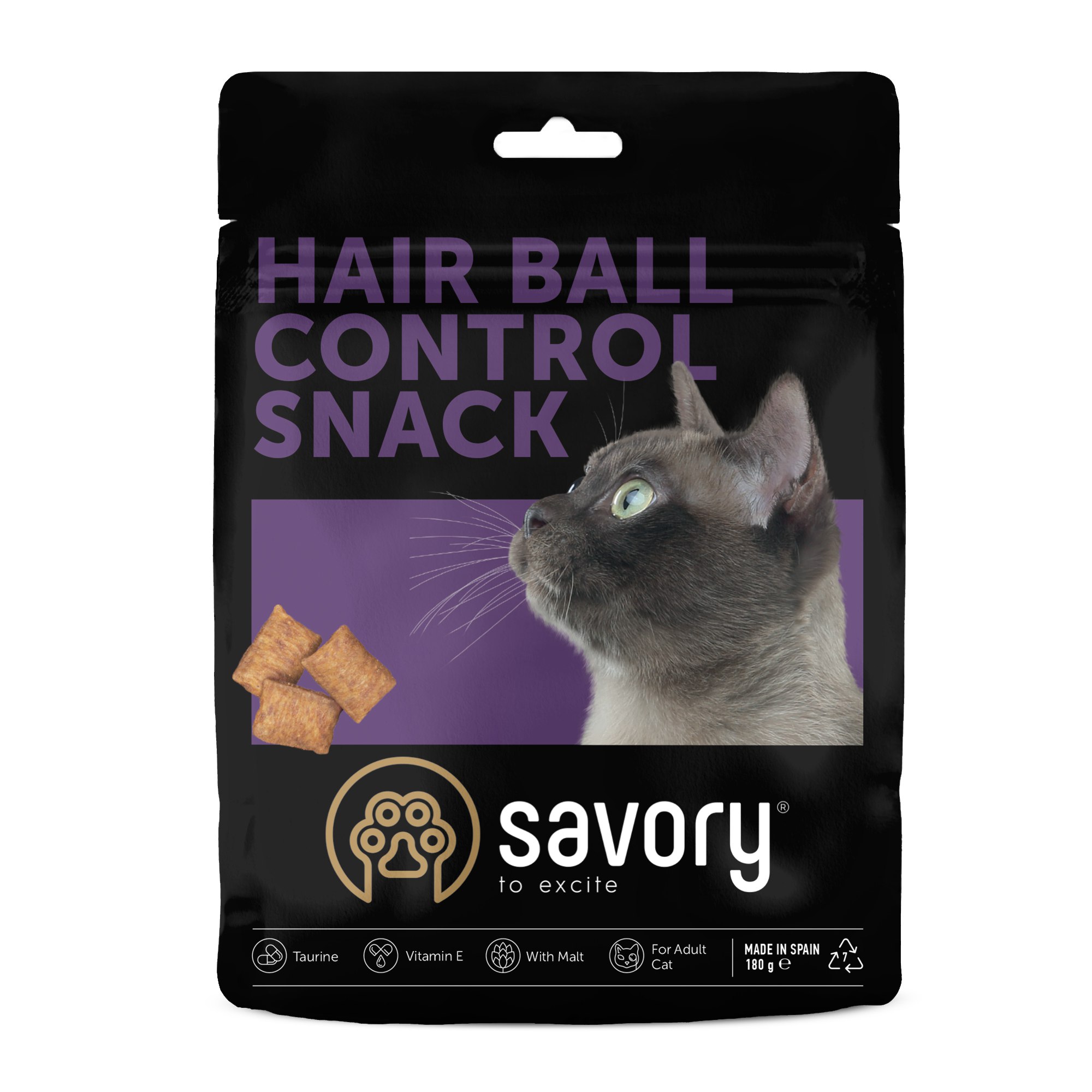 Хрумкі ласощі Savory Cats Snacks Pillows Hair Ball Control для дорослих котів, подушечки для виведення шерсті, 180 г
