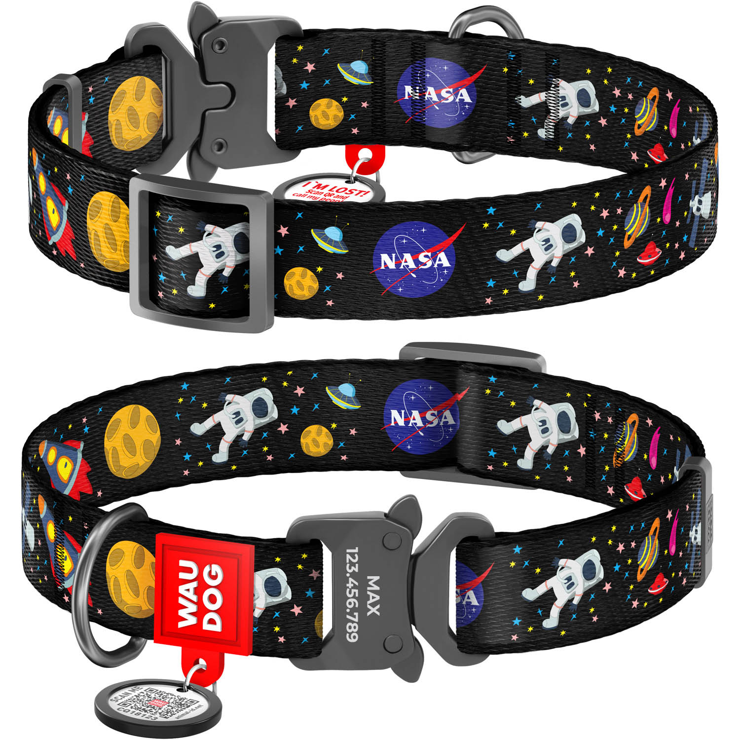 Нашийник для собак нейлоновий WAUDOG Nylon з QR паспортом, малюнок "NASA", металічна пряжка-фастекс, Ш 20 мм, Дов 28-40 см