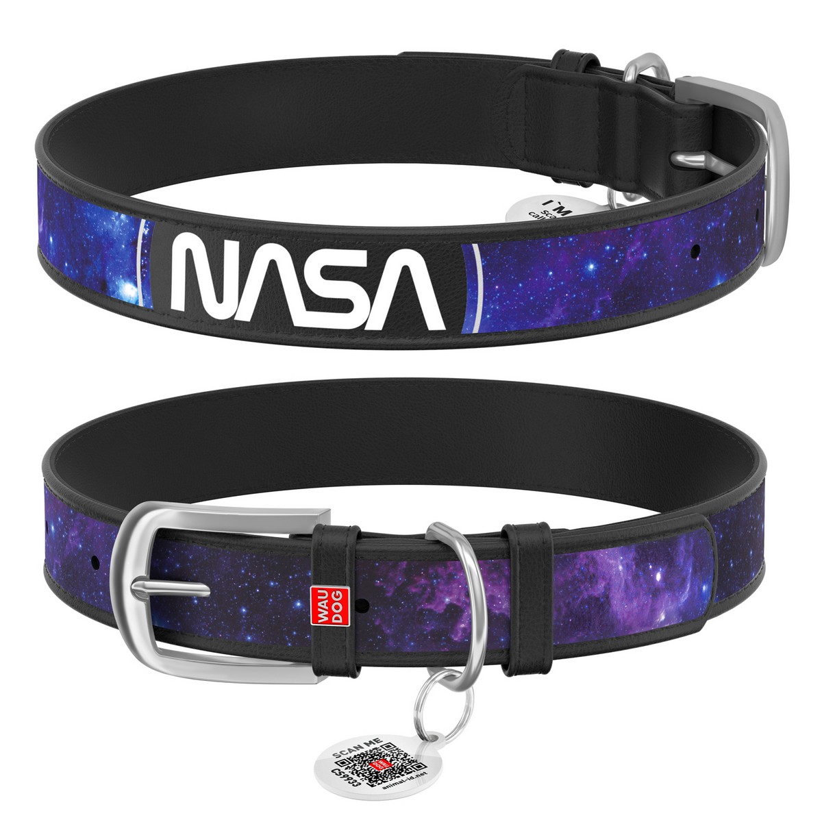 Нашийник для собак шкіряний WAUDOG Design з QR паспортом, малюнок "NASA21", XS, Ш 15 мм, Д 26-35 см, чорний