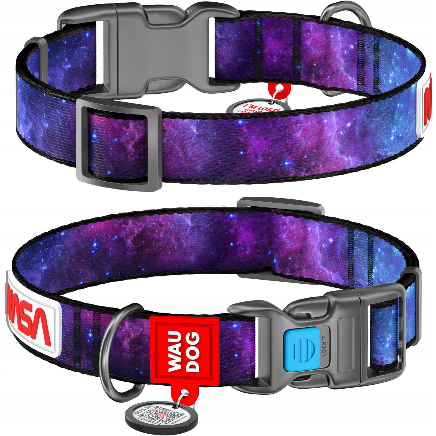 Нашийник для собак нейлоновий WAUDOG Nylon з QR паспортом, малюнок "NASA21", металева пряжка-фастекс, M, Ш 25 мм, Д 33-49 см