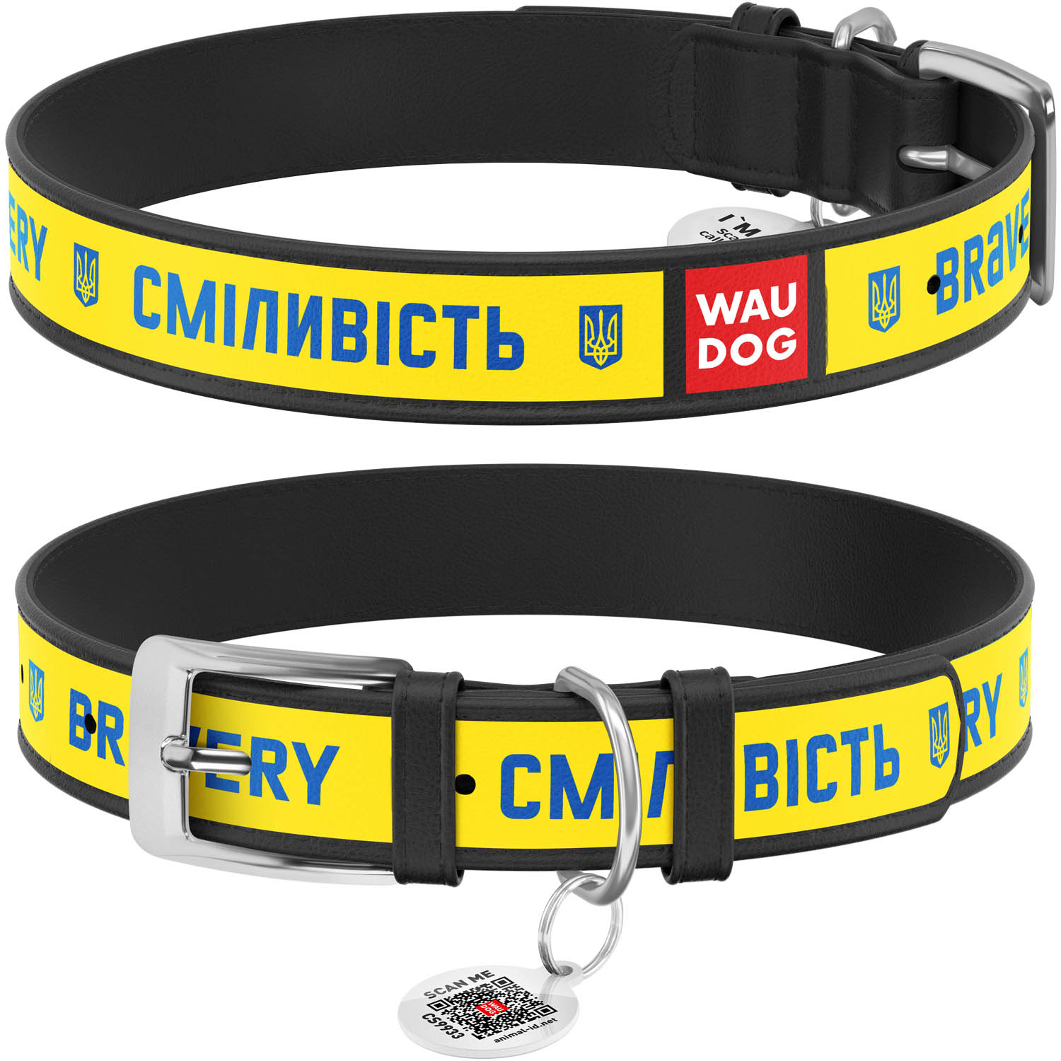 Нашийник для собак шкіряний WAUDOG Design з QR паспортом, малюнок "Сміливість", L, Ш 25 мм, Дов 38-49 см чорний