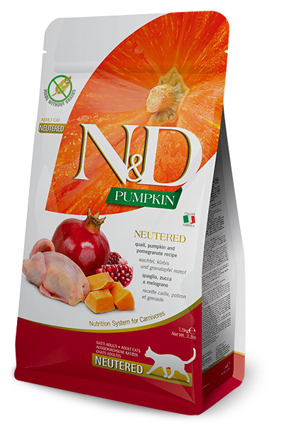 Фарміна кет сух N&D Grain Free PUMPKIN QUAIL & POMEGRANATE NEUTERED ADULT з перепелом та гарбузом 300 gr 35370