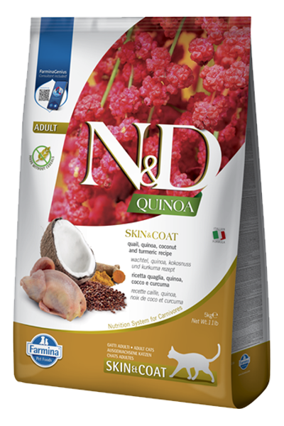 Фарміна кет N&D Quinoa Skin&Coat ADULT дієт. харчування, при харчовій алергії з перепелом, кіноа, кокос та куркума 300 gr