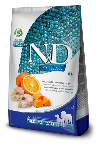 Фарміна дог сух N&D Grain Free OCEAN COD, PUMPKIN & ORANGE ADULT MEDIUM & MAXI з тріскою та апельсином, 2,5 kg 36551