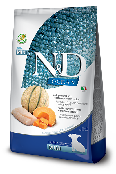 Фарміна дог сух N&D Grain Free OCEAN COD, PUMPKIN & CANTALOUPE MELON PUPPY MINI з тріскою та динею 7 kg 38814