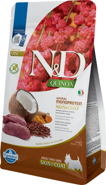 Фарміна дог сухий N&D QUINOA DOG SKIN & COAT. VENISON & COCONUT ADULT MINI з олениною та кокосом 800g 39927