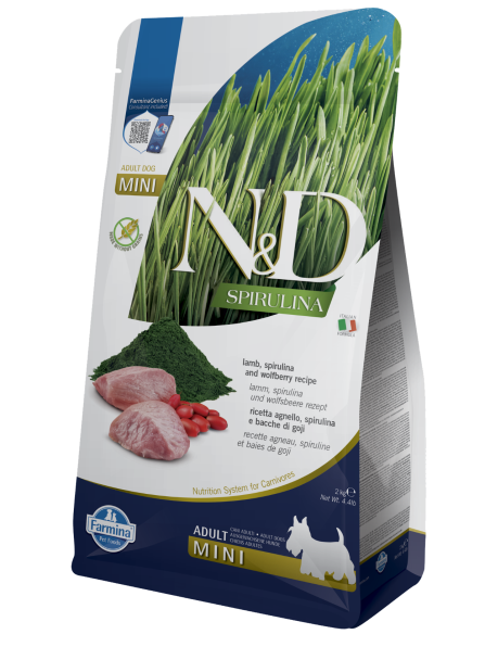 Фарміна дог сухий N&D SPIRULINA LAMB ADULT MINI з ягням, спіруліною та ягодами годжі, 2 kg, 41067