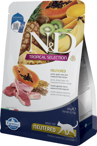 Фарміна кет сух N&D TROPICAL SELECTION LAMB NEUTERED з ягням та тропічними фруктами, 300 gr, 42118
