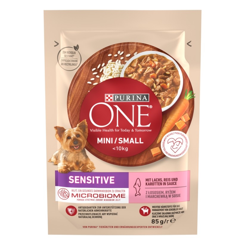 Purina One Mini вологий корм для собак малих порід з чутливим травленням лосось з рисом та морквою 85г