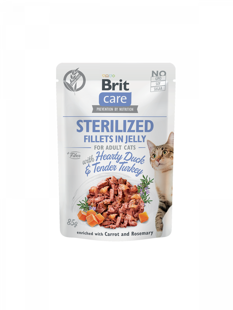 Brit Care Cat pouch 85g филе в желе утка и индейка д/стерилизованных