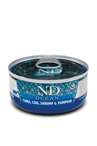 Фарміна кет волог N&D Grain Free OCEAN TUNA, COD, SHRIMP & PUMPKIN тунець, креветка, тиква, 70 г 01997