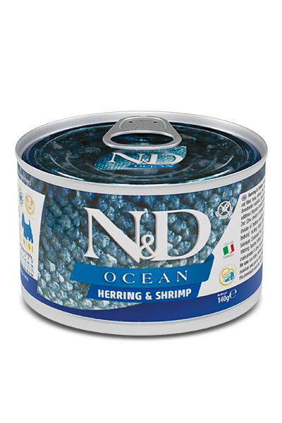 Фарміна дог волог N&D Grain Free OCEAN HERRING & SHRIMP ADULT MINI з оселедцем, тріскою, тунцем та креветкою, 140 г 02215