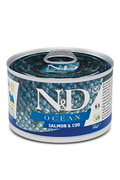 Фарміна дог волог N&D Grain Free OCEAN SALMON & COD ADULT MINI з лососем та тріскою, 140 г 02222