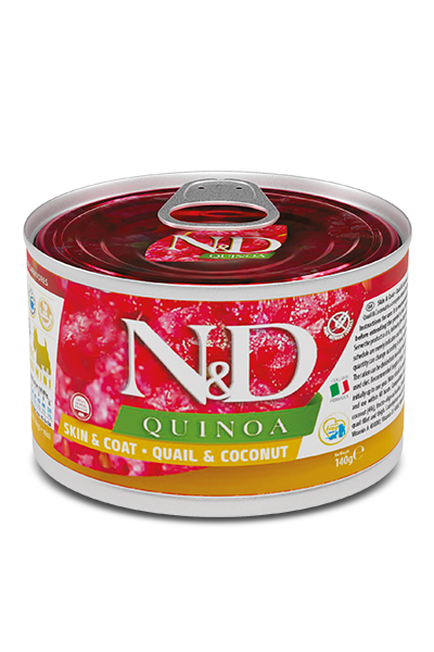 Фарміна волог Quinoa ADULT MINI дієт. харчування, при харчовій алергії з перепелом, кіноа, кокос та куркума, 140 г 02390