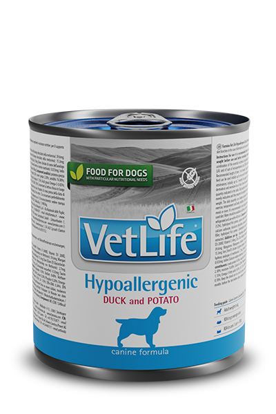 Фарміна дог волог Vet Life Hypoallergenic Duck & Potato діст. харчування, при харчовій алерпї, 300 г. 02802